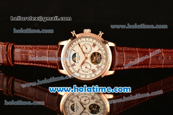 Patek Philippe Grand Complication Asia R10-Tourbillon Automatic Rose Gold Case with White Dial Roman Numeral Markers and Brown Leather Strap - Click Image to Close